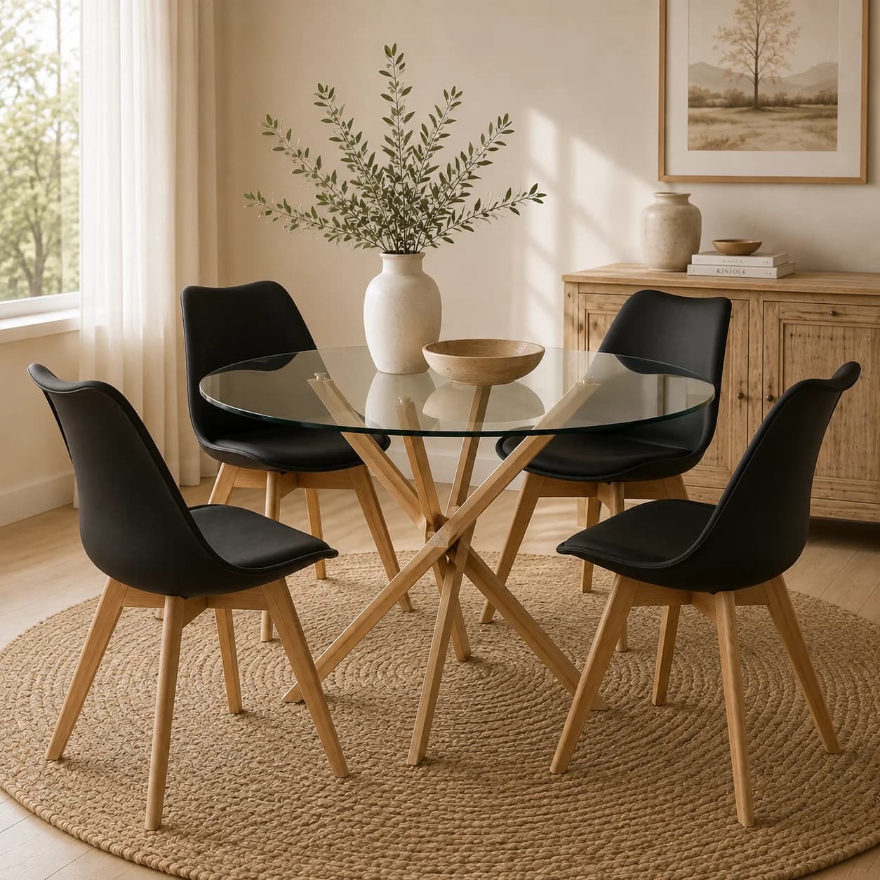 Mesa Dubai Redonda Vidrio Wood con 4 Silla Tulip Acolchada