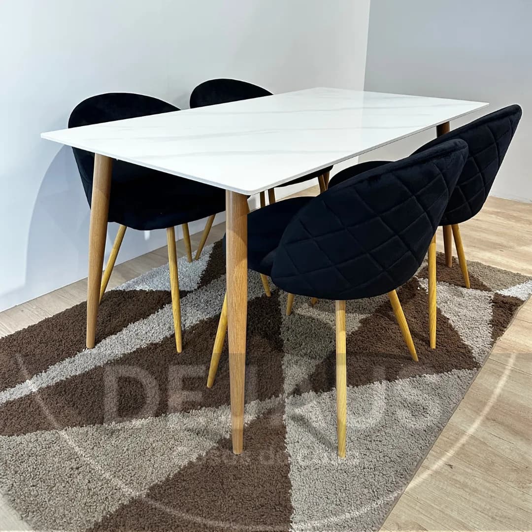 Mesa Rectangular Cuarzo Calacatta con 4 Sillas Tokio Felpa wood
