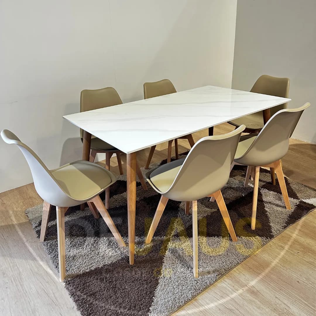 Mesa Rectangular Cuarzo Calacatta con 6 Sillas Tulip