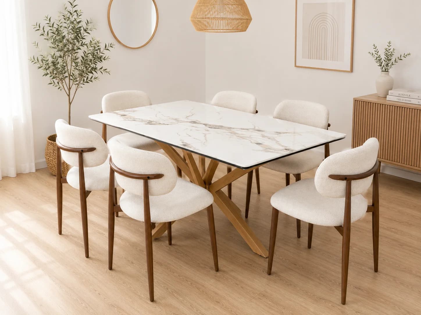Mesa Rectangular Warwick Stone Wood con 6 Silla Siena Lino
