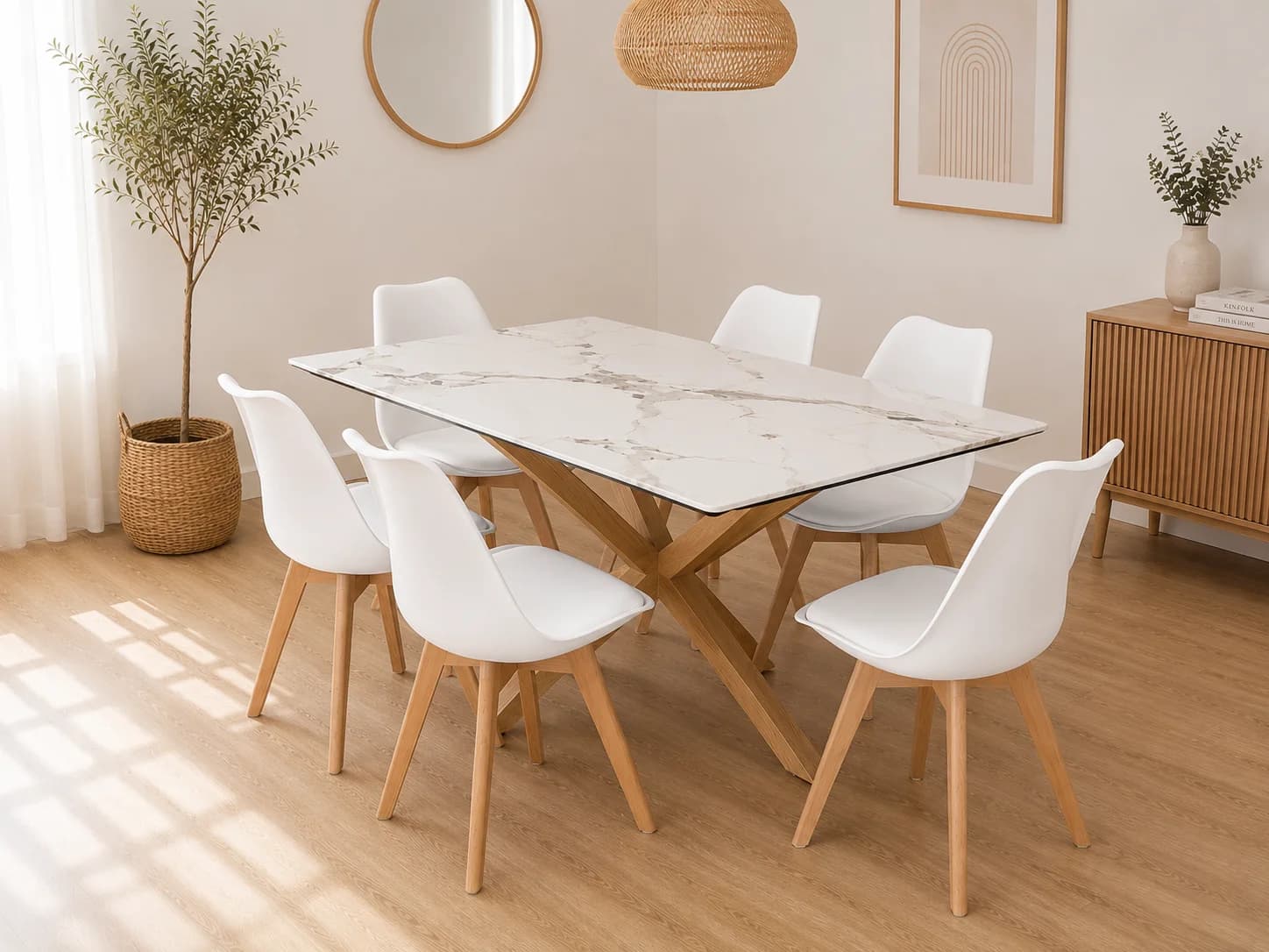Mesa Rectangular Warwick Stone Wood con 6 Silla Tulip Acolchadas