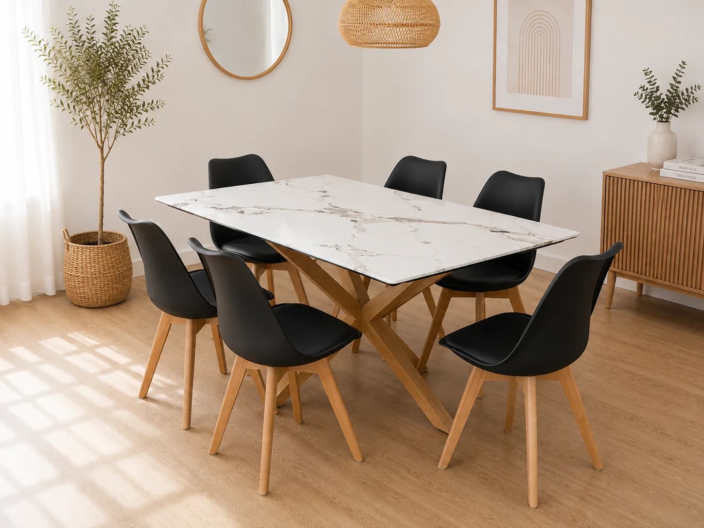 Mesa Rectangular Warwick Stone Wood con 6 Silla Tulip Acolchadas