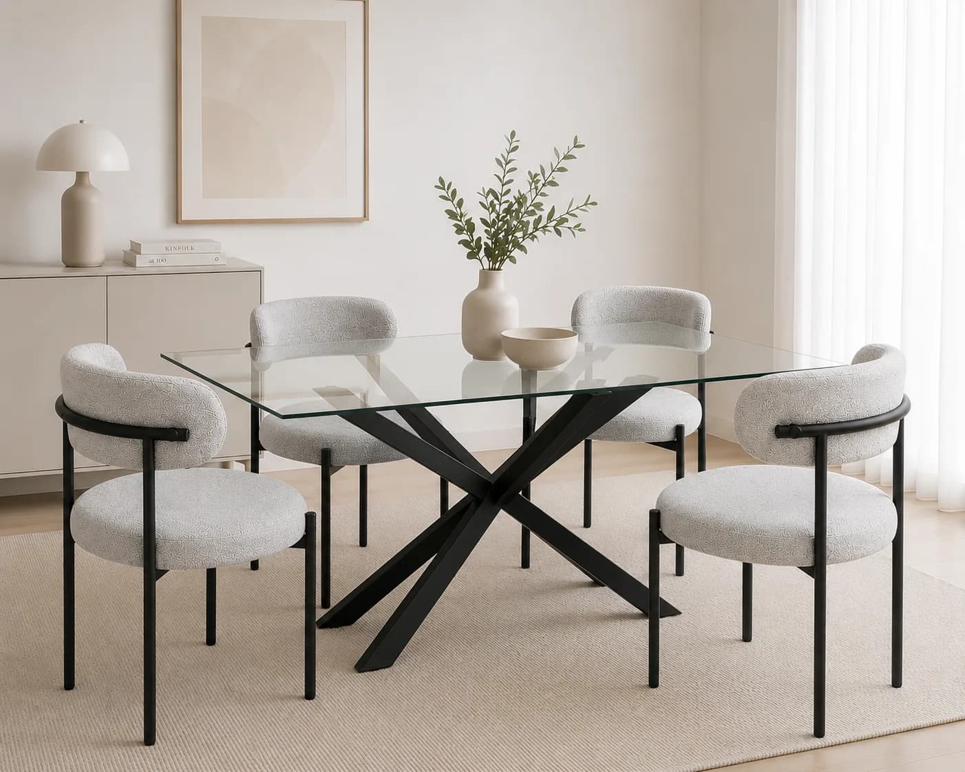 Mesa Rectangular Warwick Vidrio Black con 4 Sillas Oslo Lino Black