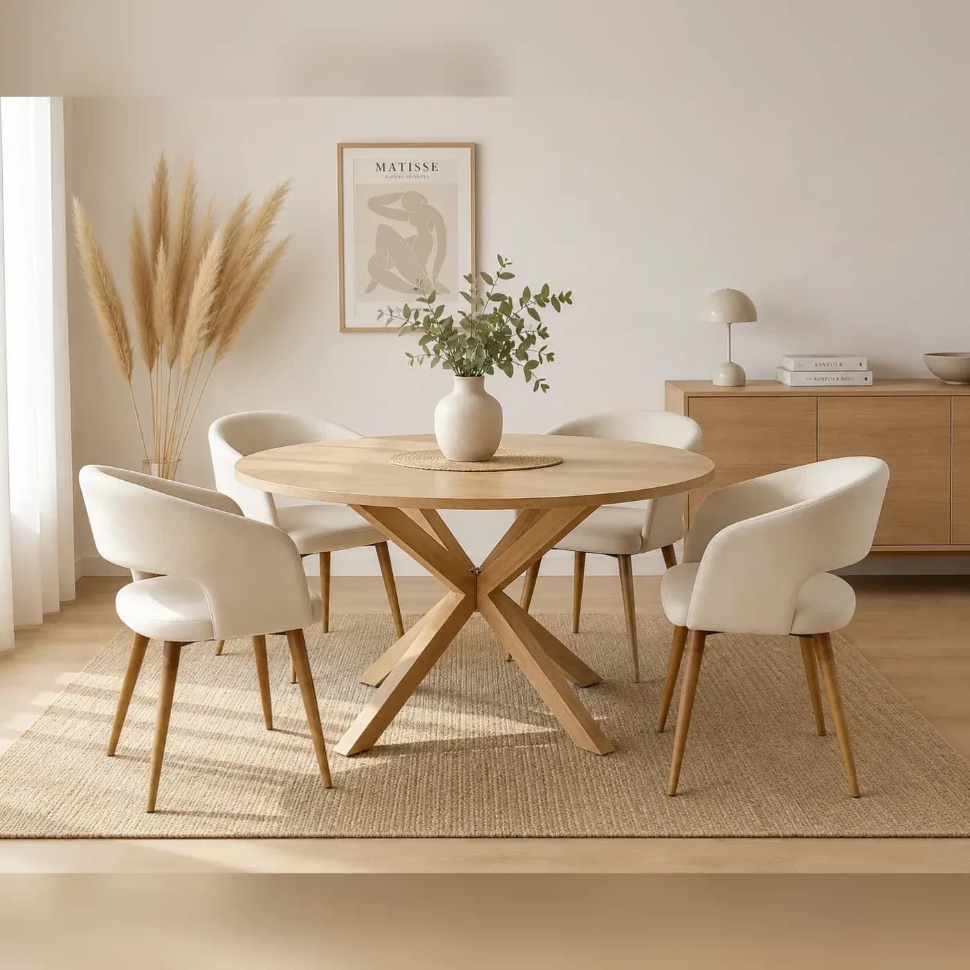 Mesa Redonda Warwick Wood con 4 Sitiales Diana Felpa Wood