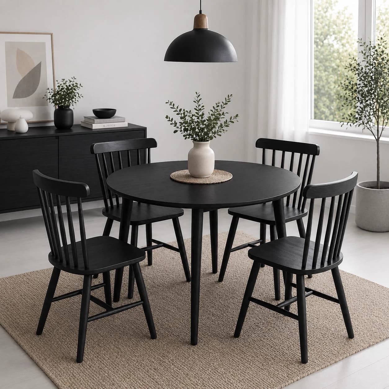 Mesa Vema Wood Negra con 4 Silla Windsor Madera Negra