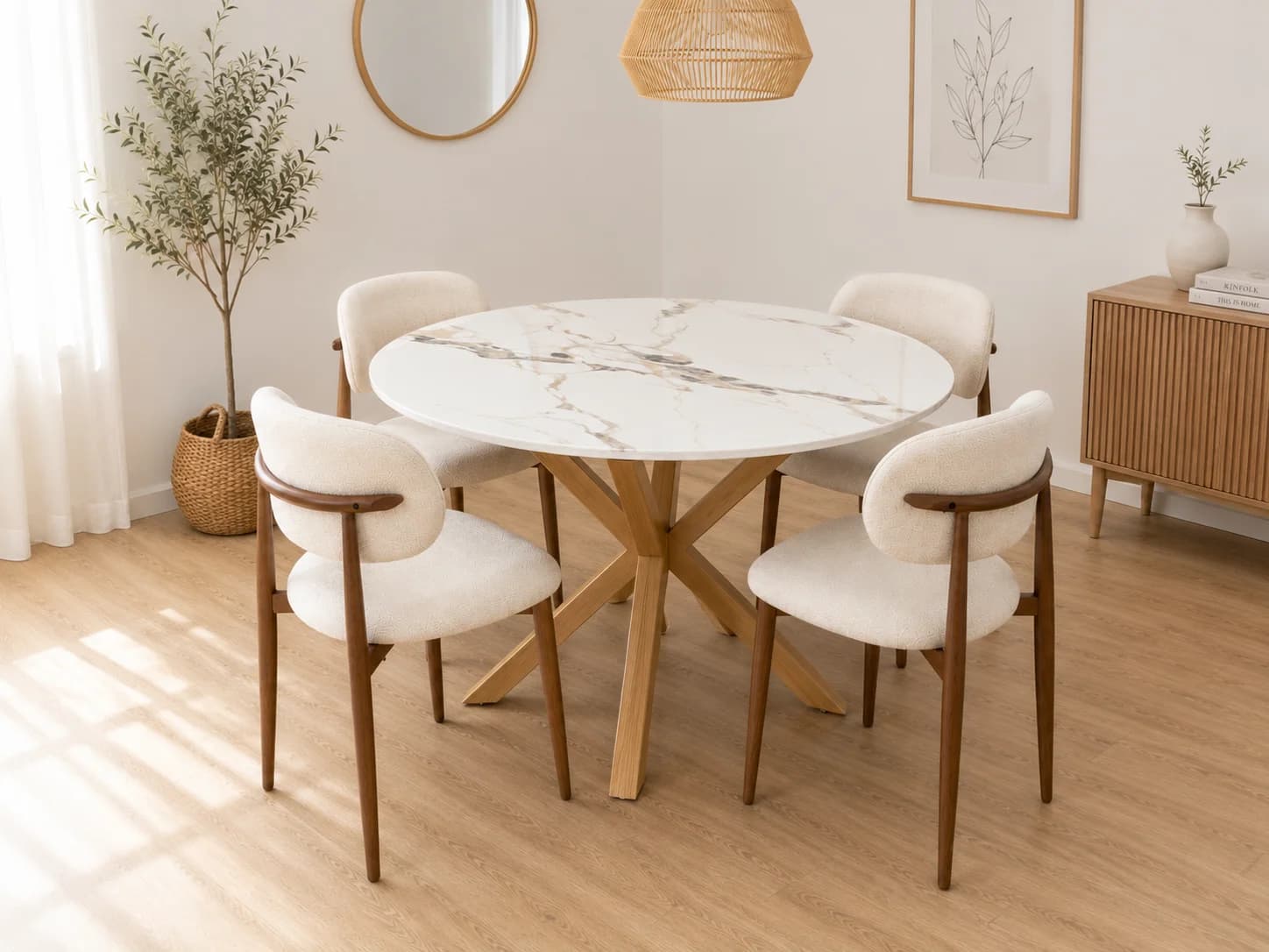 Mesa Warwick Redonda Stone Wood con 4 Silla de Comedor Siena Lino