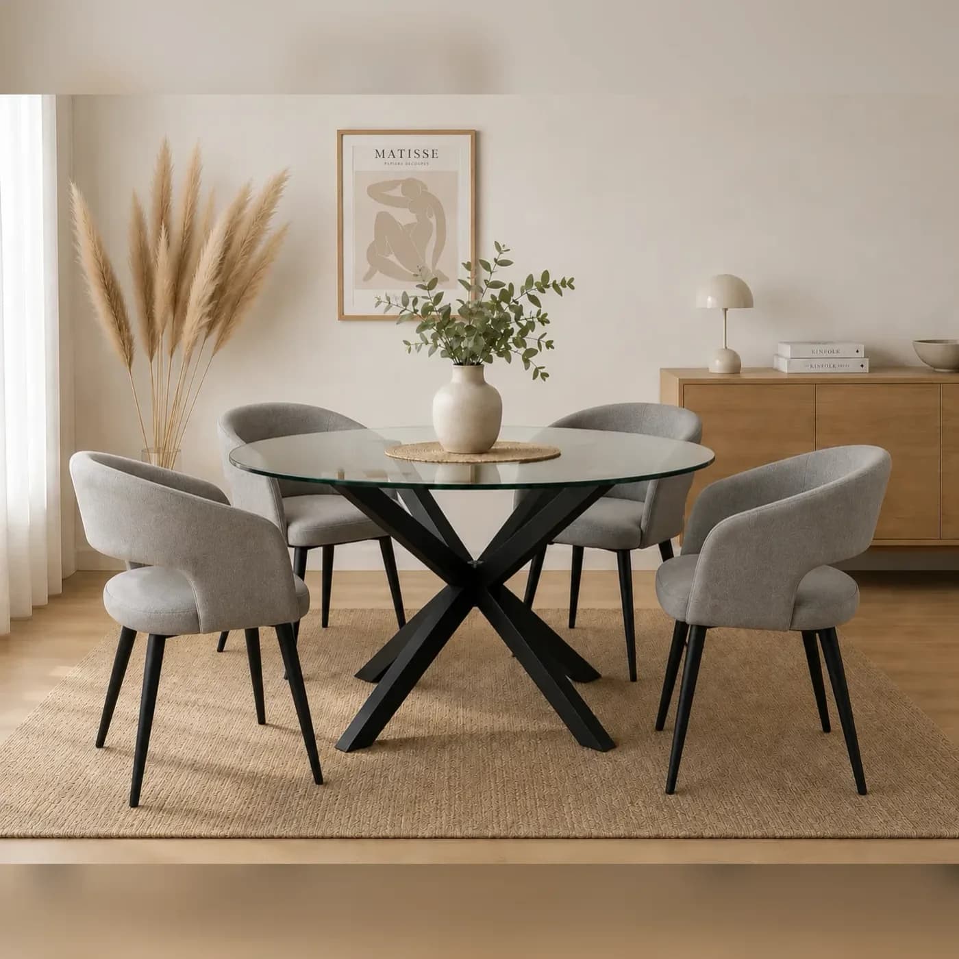 Mesa Warwick Redonda Vidrio Black con 4 Sitiales Diana Felpa Black