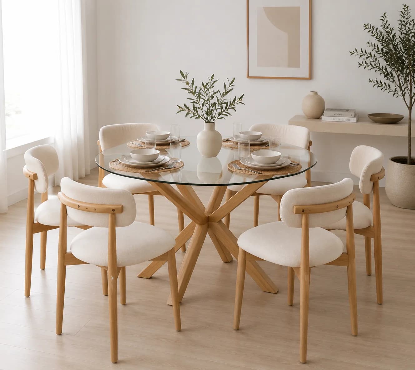 Mesa Warwick Redonda Vidrio con Sillas Siena Madera Poliester