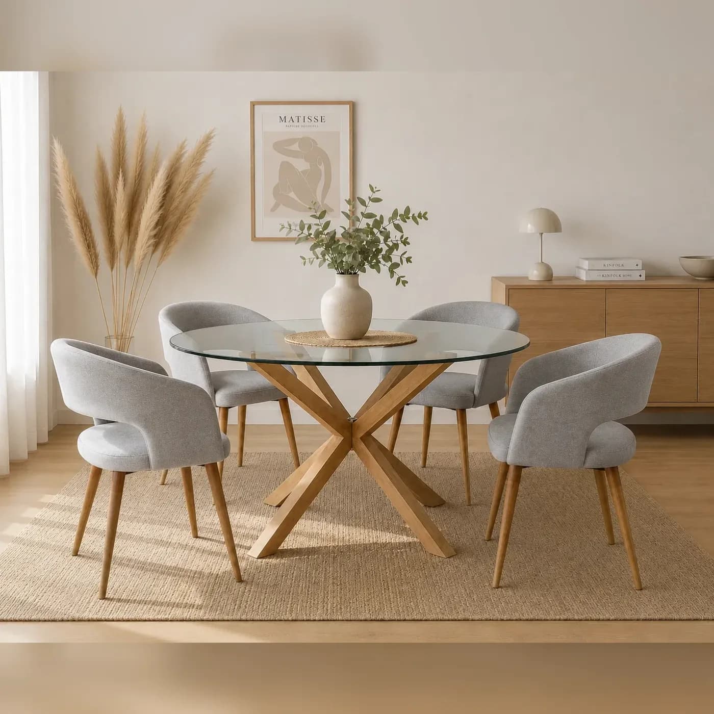 Mesa Warwick Redonda Vidrio Wood con 4 Sitiales Diana Felpa Wood