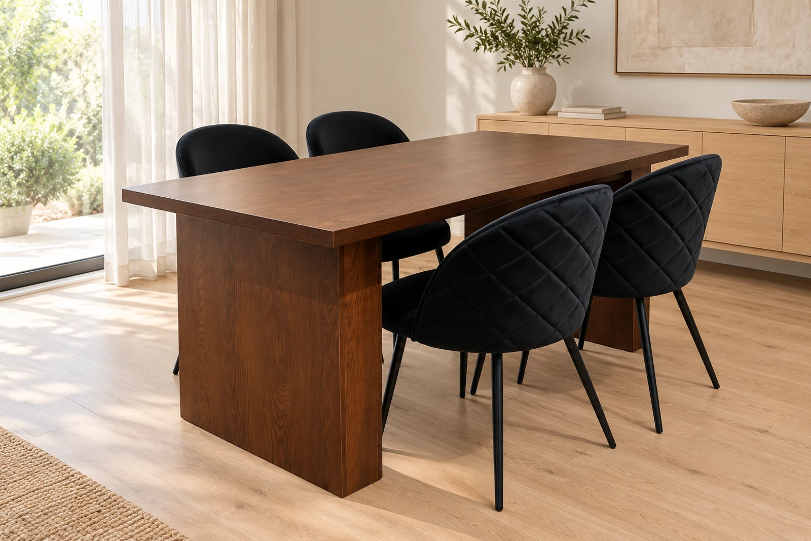 Comedor Mesa Chile Walnut con 4 Sillas Tokio Felpa Black