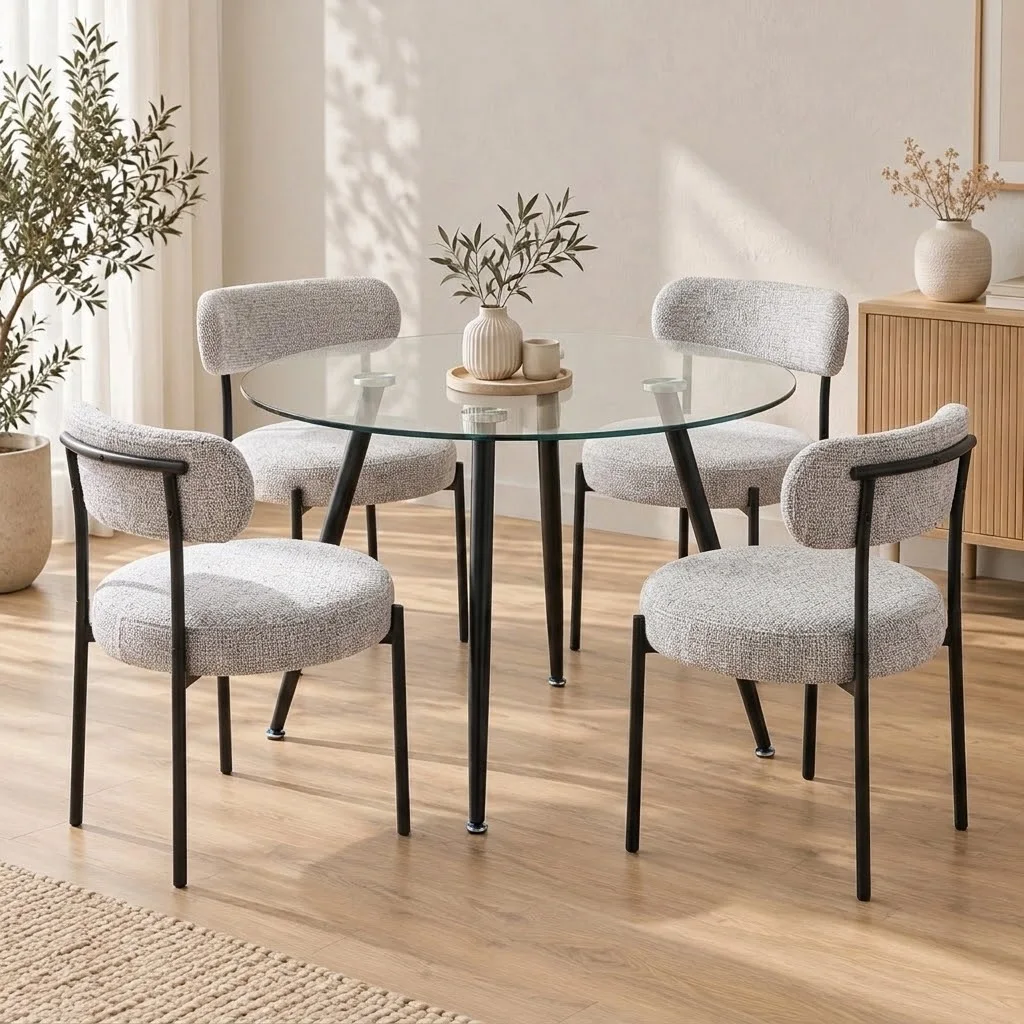 Comedor Mesa Redonda Lyon Vidrio 90 cm con 4 Sillas Oslo Lino Black