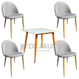 Mesa mármol réplica cuadrada (80x80) con 4 sillas Tokio lino wood