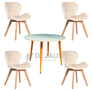 MESA REDONDA (100CM) MÁRMOL RÉPLICA CON 4 SILLAS MARIPOSA FELPA}