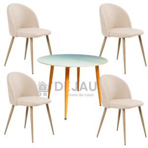 Mesa redonda 80cm mármol réplica con 4 sillas Tokio lino wood