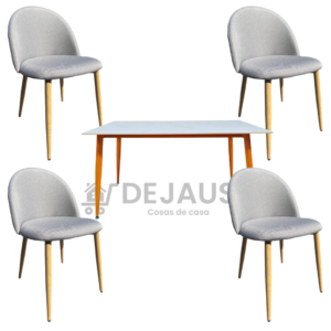 Mesa rectangular mármol réplica (140x80) con 4 sillas Tokio lino wood