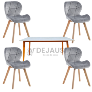 Mesa rectangular mármol réplica (140x80) con 4 sillas mariposa felpa