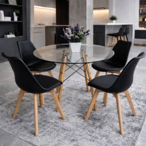 Mesa Eames Vidrio 120 cm con 4 Sillas Tulip