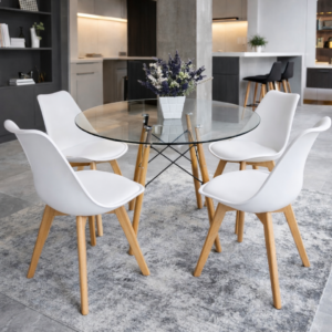 Mesa Eames Vidrio 80 cm con 4 Sillas Tulip