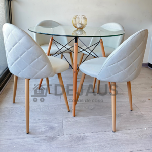Mesa Eames Vidrio con 4 Sillas Tokio Lino Wood