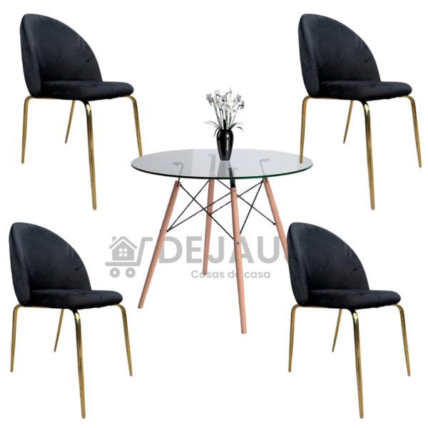 Mesa eames vidrio 80cm con 4 sillas Tokio felpa gold