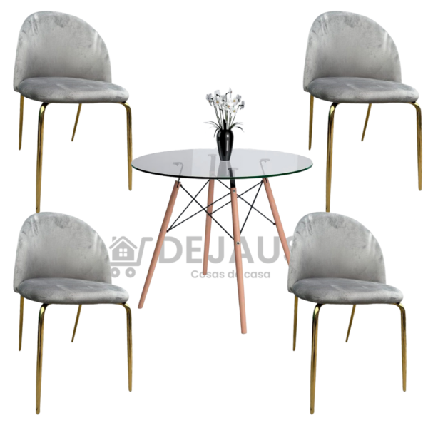 Mesa eames vidrio 80cm con 4 sillas Tokio felpa gold