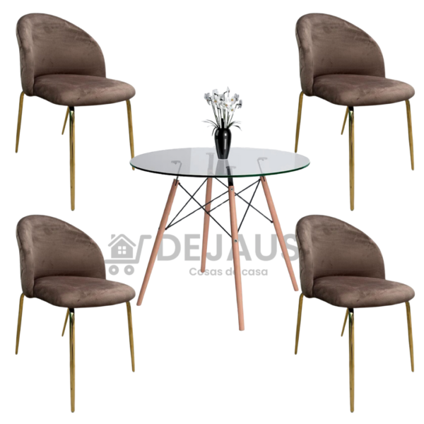 Mesa eames vidrio 80cm con 4 sillas Tokio felpa gold