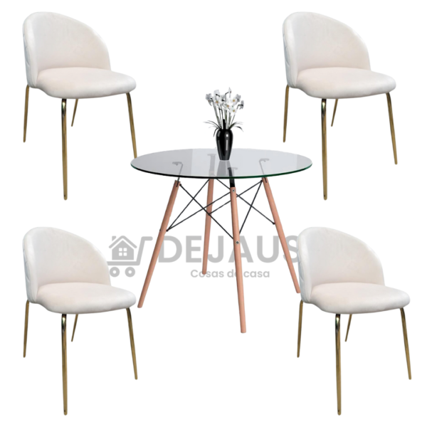 Mesa eames vidrio 80cm con 4 sillas Tokio felpa gold