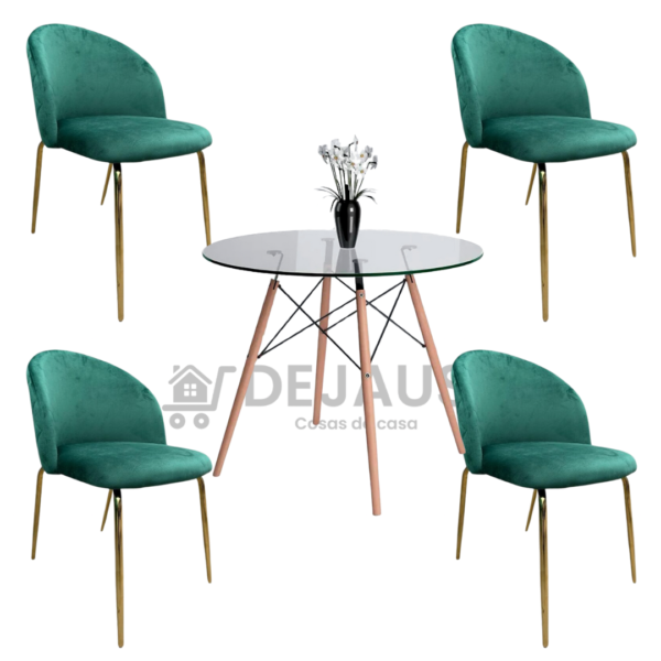 Mesa eames vidrio 80cm con 4 sillas Tokio felpa gold