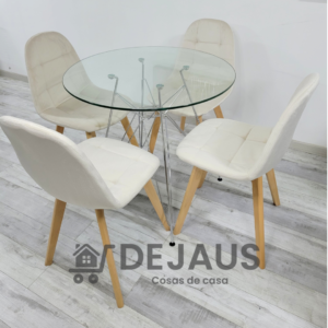 Mesa de Vidrio Silver con 4 Sillas Capitoné Felpa