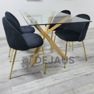Mesa Warwick Rectangular con 4 Silla Tokio Felpa Gold