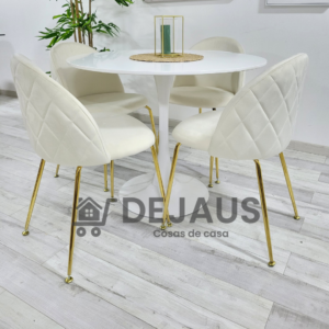 Mesa Tulip Blanco (100cm) con 4 Sillas Tokio Felpa Gold