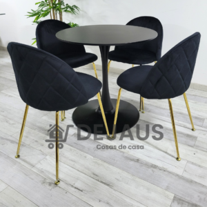 Mesa Tulip Negro (100cm) con 4 Silla Tokio Felpa Gold