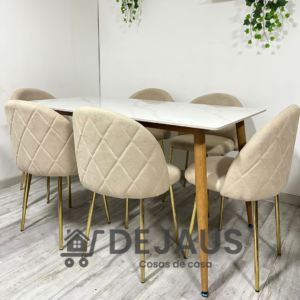 Mesa rectangular cuarzo calacatta con 6 sillas tokio lino gold