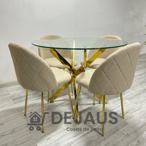 Mesa Dubai Gold con 4 Sillas Tokio Lino Gold