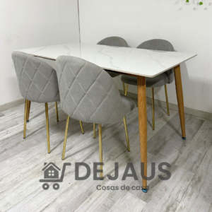 Mesa Rectangular Cuarzo Calacatta con 4 Sillas Tokio Lino Gold