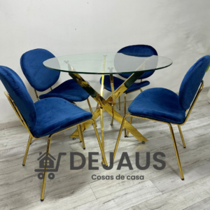 Mesa Dubai Gold (120cm) con 4 Sillas Leidy Felpa Gold