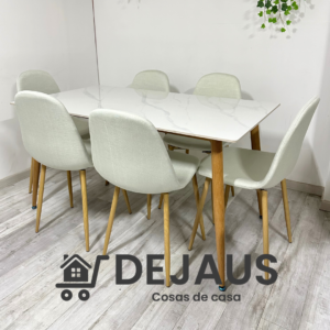 Mesa Rectangular Cuarzo Calacatta con 6 Sillas Spoon Lino