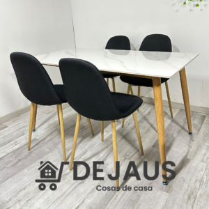 Mesa Rectangular Cuarzo Calacatta con 4 Sillas Spoon Lino