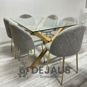 Mesa rectangular medlock con 6 sillas tokio lino gold