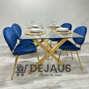 Mesa Medlock (140cm) con 4 Sillas Leidy  Felpa Gold