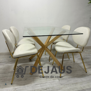 Mesa Warwick Rectangular (160cm) con 4 Silla Leidy Felpa Gold