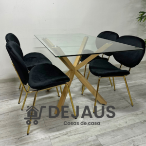 Mesa Warwick Rectangular (140cm) con 4 Silla Leidy Felpa Gold
