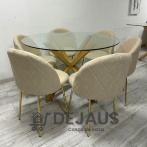 Mesa Redonda Warwick (120cm) con 6 Sillas Tokio Lino Gold