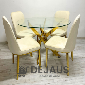 Mesa Dubai Gold con 4 Sillas Eleganc Gold Felpa