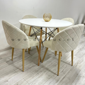 Mesa Eames Blanca con 4 Sillas Tokio Felpa Wood