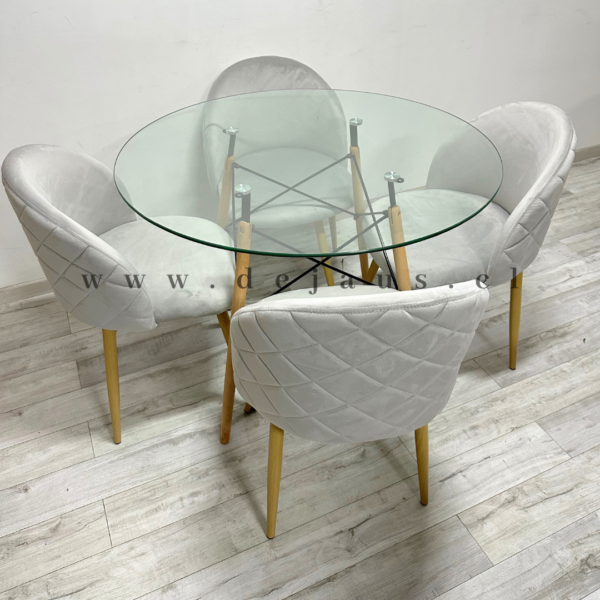 Mesa Eames Vidrio con 4 Sillas Tokio Felpa Wood