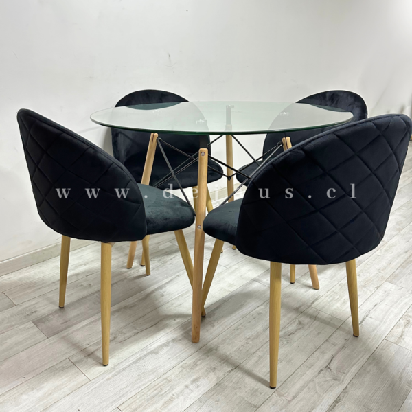 Mesa Eames Vidrio con 4 Sillas Tokio Felpa Wood