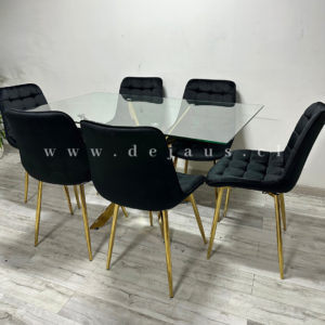 Mesa Dubai Rectangular con 6 Sillas Botón Gold