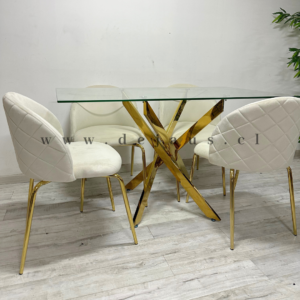 Mesa Dubai Rectangular Gold con 4 Sillas Tokio Felpa Gold
