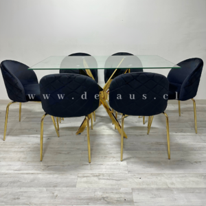 Mesa Dubai Rectangular Gold con 6 Sillas Tokio Felpa Gold